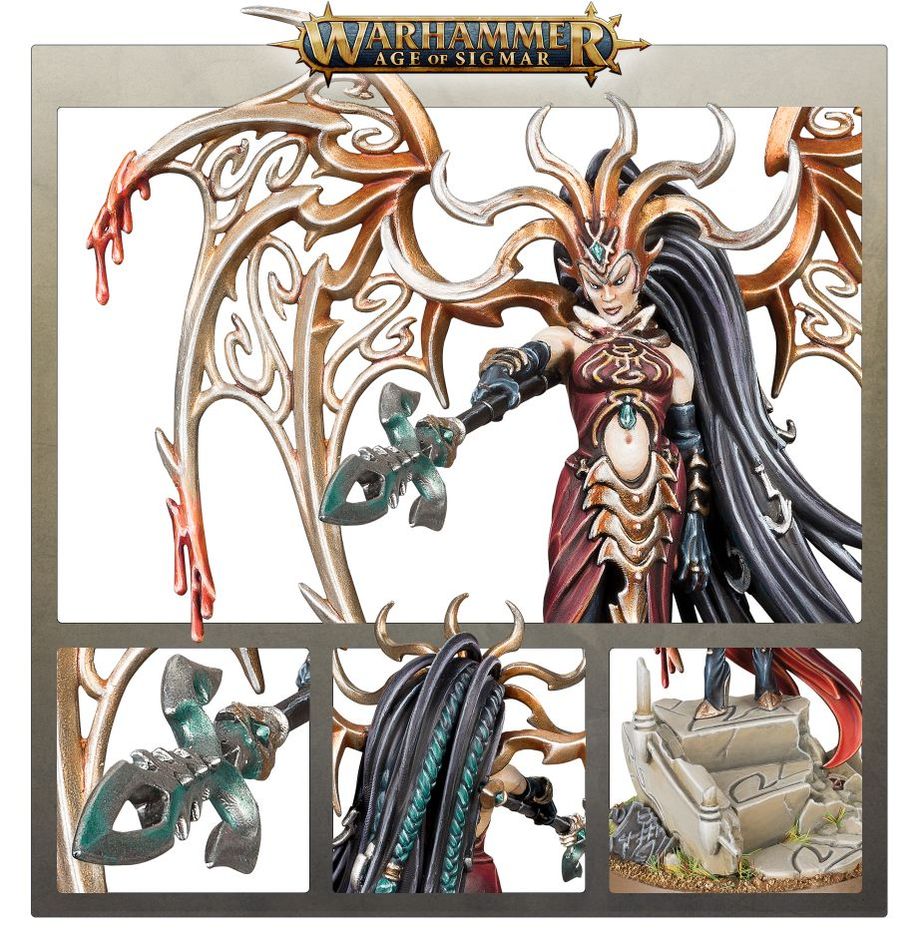 Morathi High Oracle close-ups of the painted face, bladed wings, spear head and base