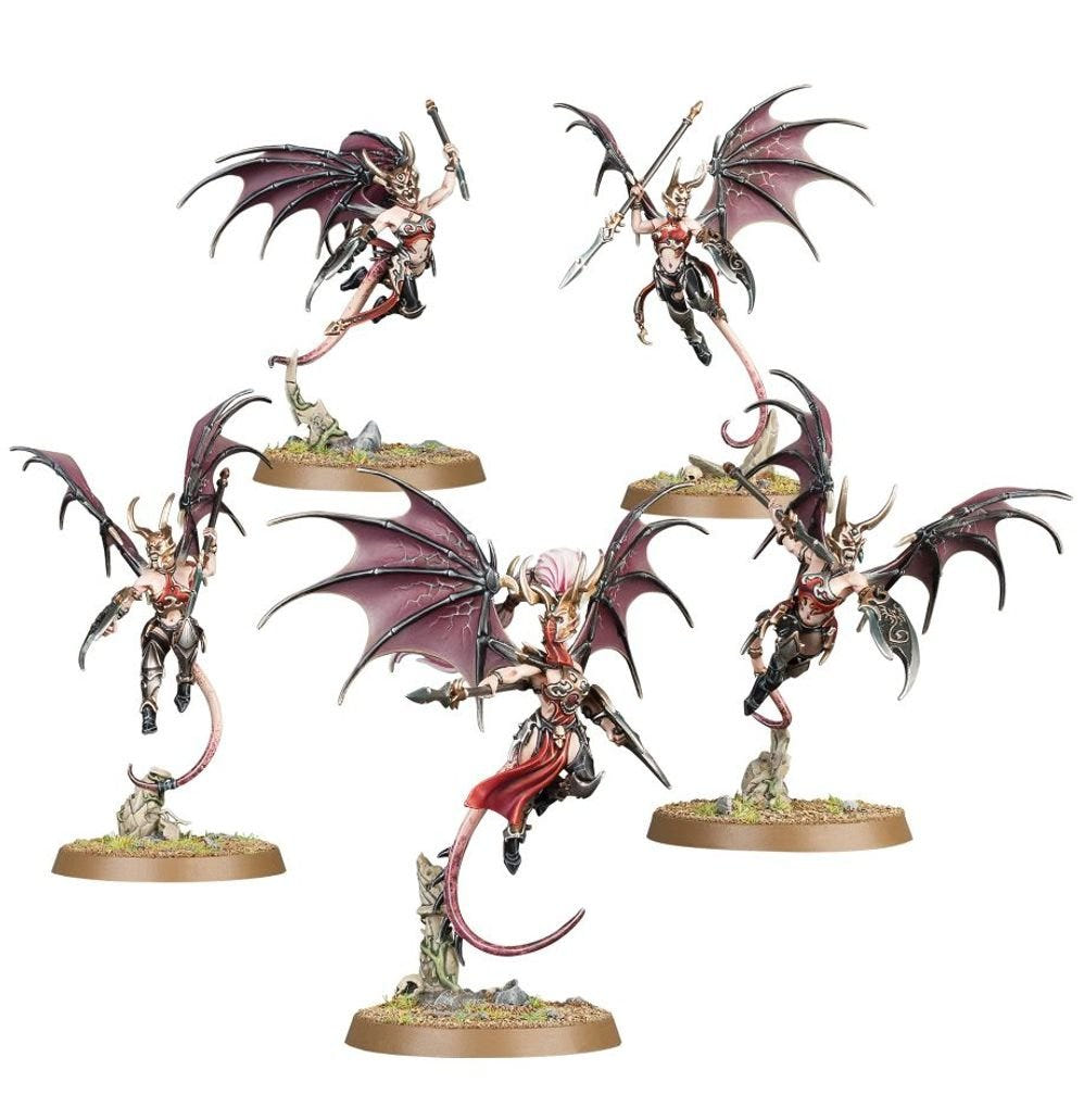 Five painted winged Khinerai Heartrenders with javelins from Daughters of Khaine Scathborn Coven