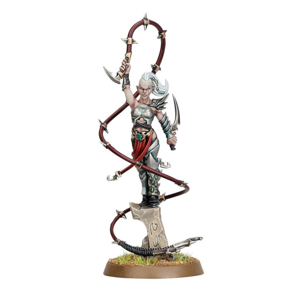 Painted Crimson Lash High Gladiatrix with bladed whip coiled around her, on round base
