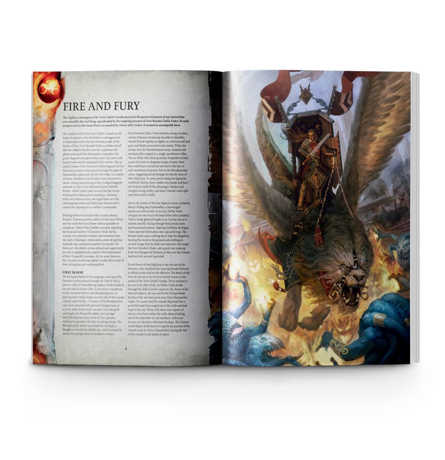Dawnbringers Book II spread titled Fire and Fury with artwork of a winged warrior