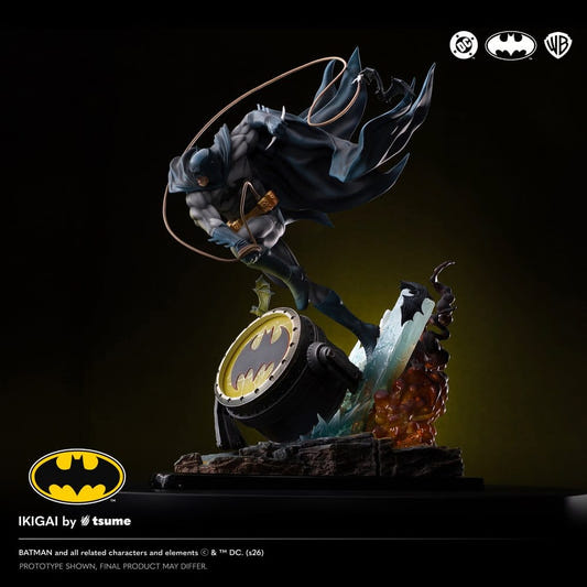 Tsume Ikigai 1/6 Batman statue in flight with grapnel line above a lit Bat-Signal base