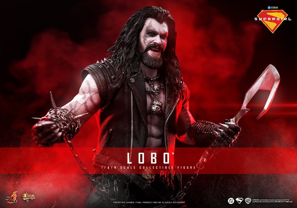 Hot Toys Lobo sixth scale figure banner shot swinging his chained hook against a red backdrop