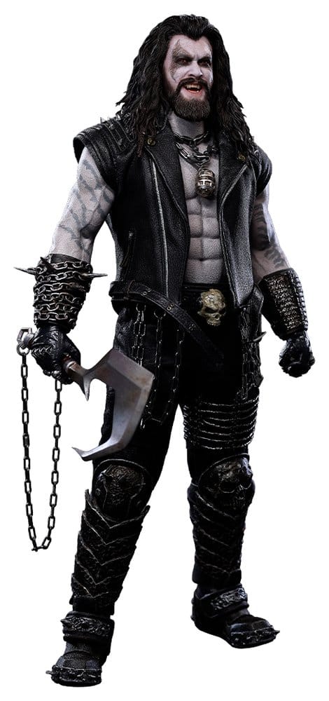 Hot Toys DC Lobo 1/6 figure in leather vest with chained hook, front view on white