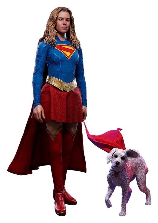 Hot Toys Supergirl and Krypto 1/6 figure set with red capes, front view on white
