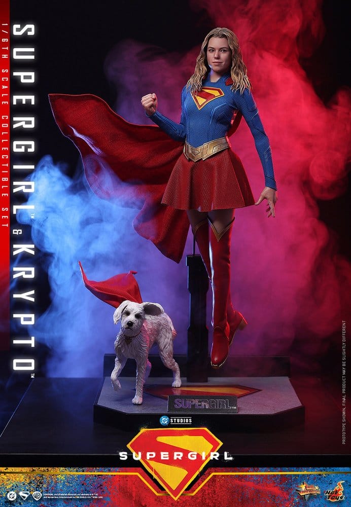Hot Toys Supergirl & Krypto set on the S-shield figure base with coloured smoke backdrop