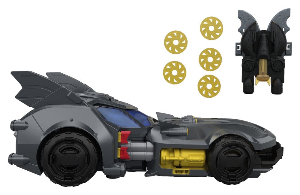 DC Premier Batlink Batmobile side view with Bat-Drone and gold disc projectiles