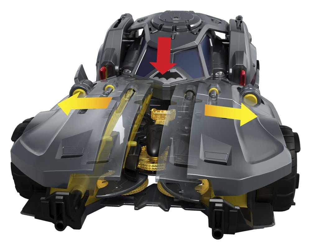 DC Premier Batmobile front view with the hood splitting apart, arrows showing the action