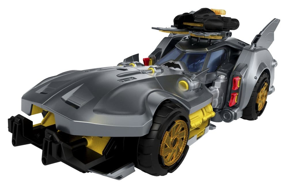 Mattel DC Premier Batlink Batmobile in grey with gold wheels and Bat-Drone on the roof