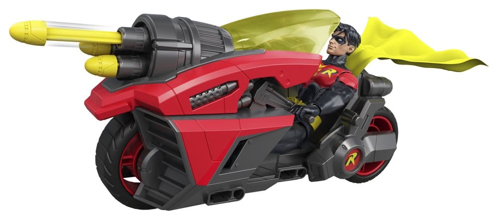 DC Premier Robin Cycle with Robin riding and cape flowing, launching a yellow rocket