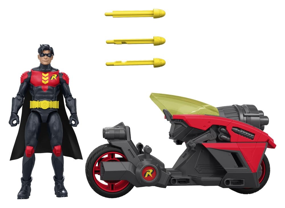DC Premier Robin figure standing next to the Robin Cycle with three yellow rockets