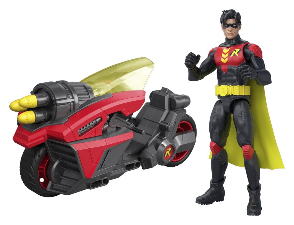 Mattel DC Premier Robin Cycle motorcycle in red and black beside the caped Robin figure
