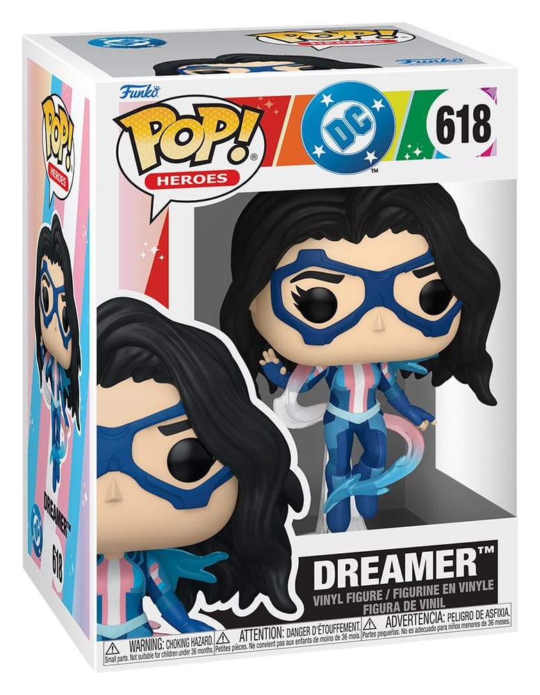 DC Pride Funko POP! Heroes 618 Dreamer vinyl figure shown in its rainbow window display box