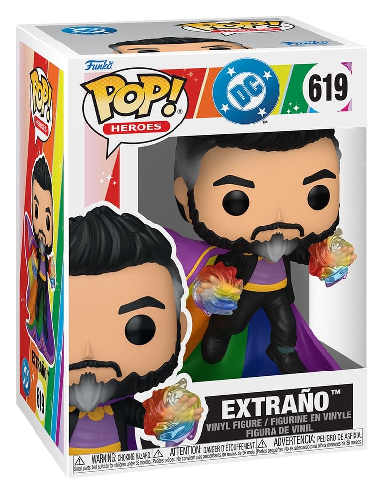 DC Pride Funko POP! Heroes 619 Extraño vinyl figure shown in its rainbow window display box