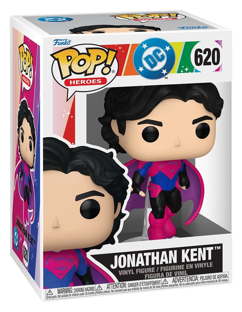 DC Pride Funko POP! Heroes 620 Jonathan Kent vinyl figure shown in its rainbow window display box