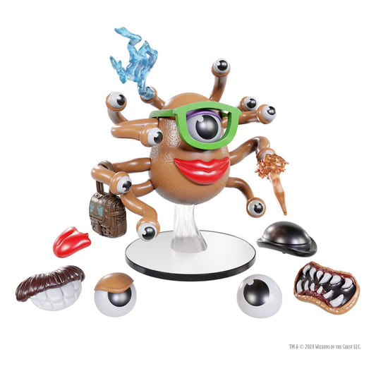WizKids D&D Potato Head Beholder miniature, assembled with swappable glasses, lips and accessories laid out