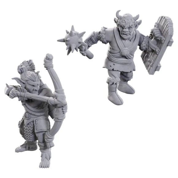 WizKids D&D 50th Anniversary unpainted goblin miniatures, one with bow and one with flail and shield