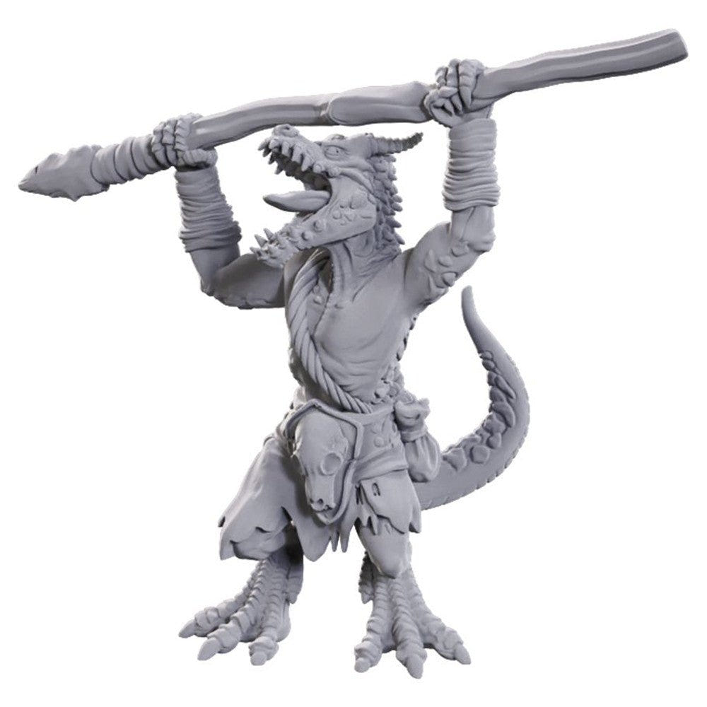 Unpainted kobold holding a spear overhead, from the D&D Nolzur's Marvelous Miniatures 50th Anniversary pair