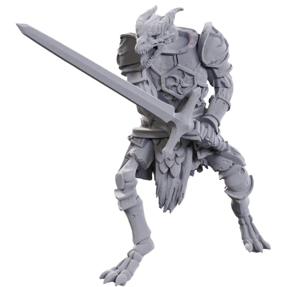 Unpainted Skeleton Knight in dragon helm lunging with a longsword, D&D Nolzur's 50th Anniversary