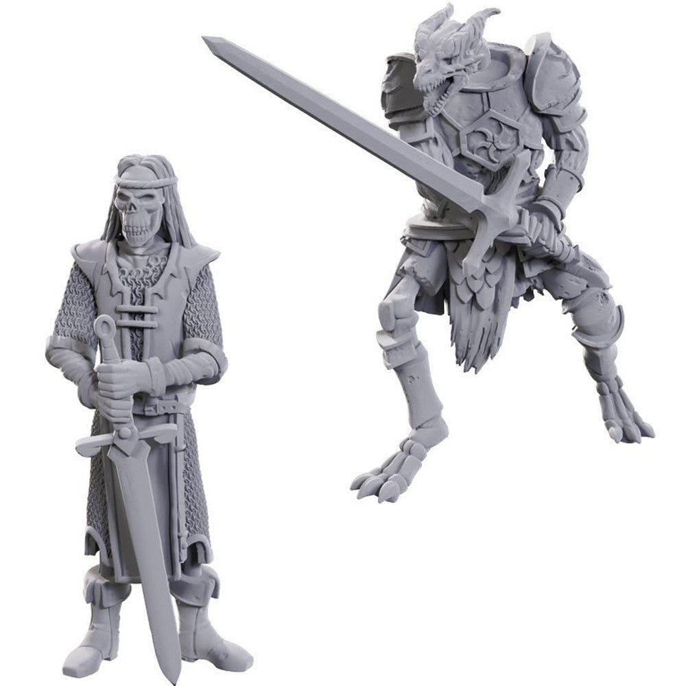 Two unpainted Skeleton Knight miniatures with longswords, D&D Nolzur's 50th Anniversary set