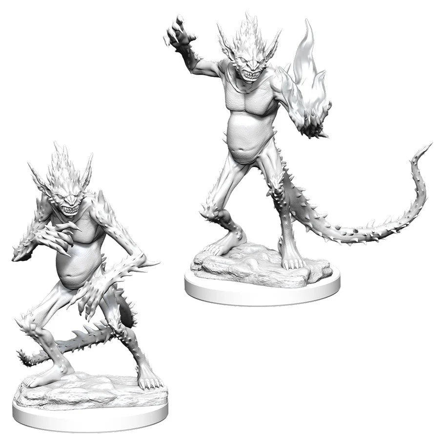 Two unpainted WizKids Nolzur's Marvelous Barbed Devil miniatures covered in spines, different poses
