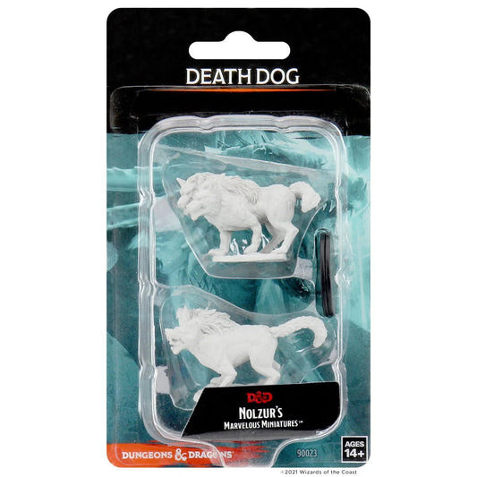 D&D Nolzur's Marvelous Miniatures Death Dog blister pack with two primed two-headed hounds
