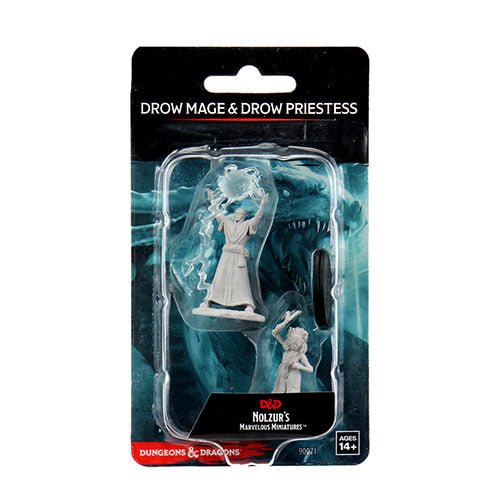 WizKids Nolzur's Marvelous Miniatures Drow Mage & Drow Priestess in blister pack, front of packaging