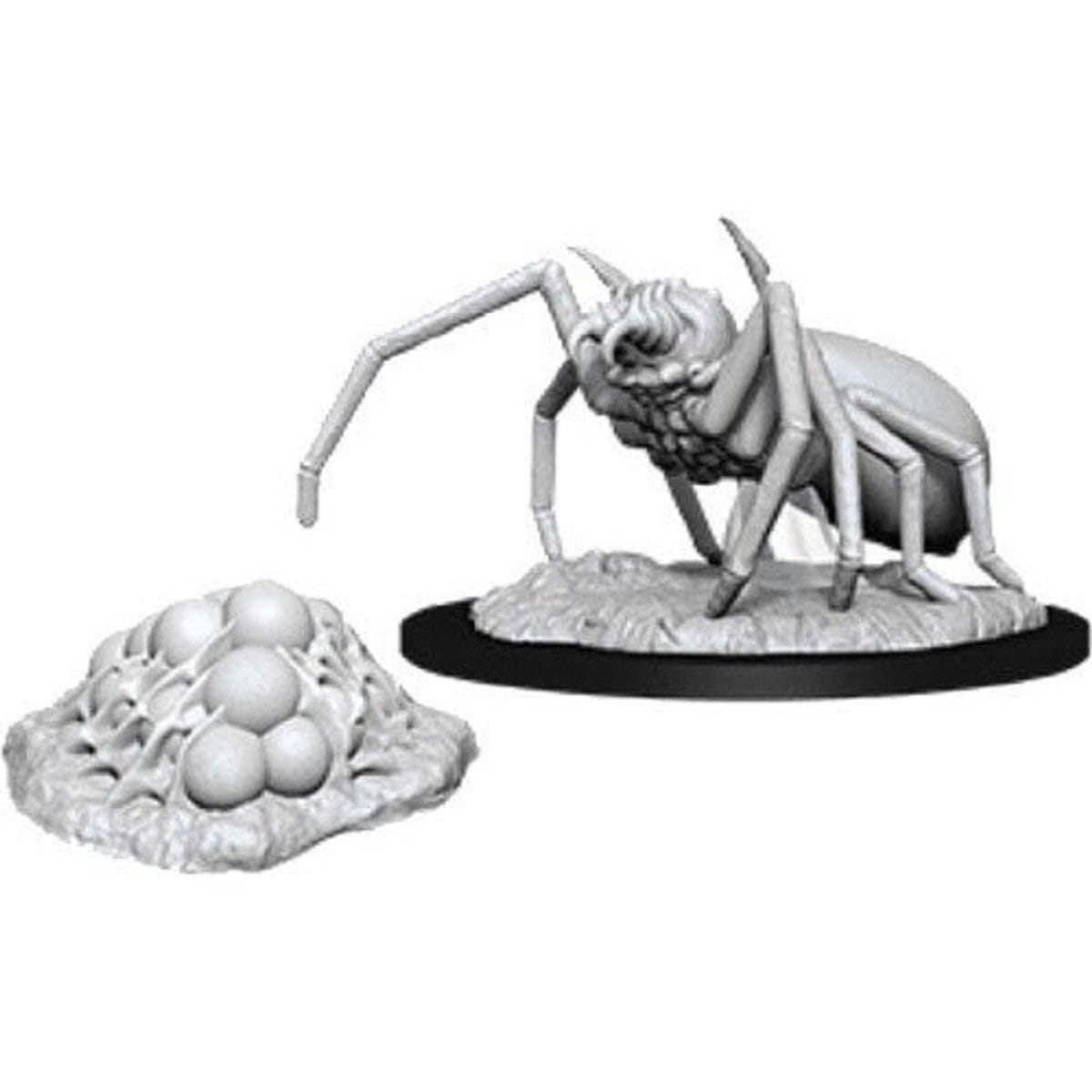 WizKids D&D Nolzur's Marvelous Miniatures Giant Spider and Egg Clutch, unpainted spider beside eggs