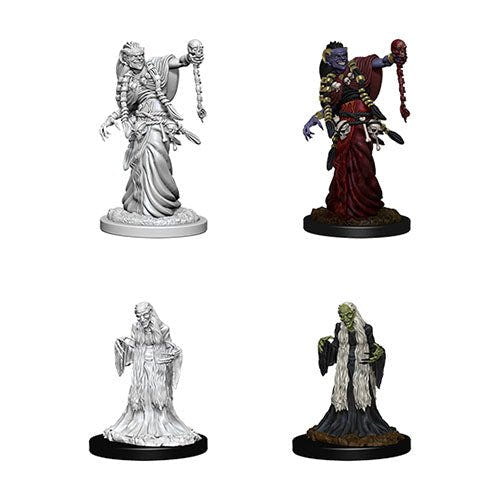 WizKids Nolzur's Green Hag and Night Hag miniatures, each shown unpainted and painted