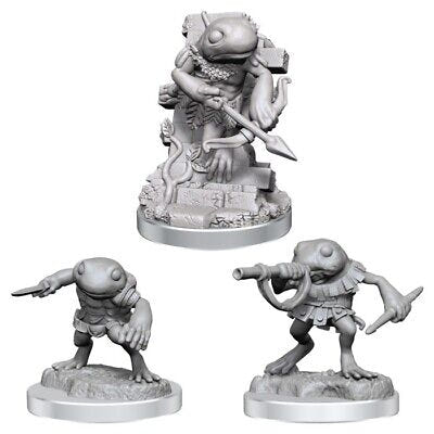 WizKids D&D Nolzur's Marvelous Miniatures Grungs, three unpainted primed frog-folk warriors