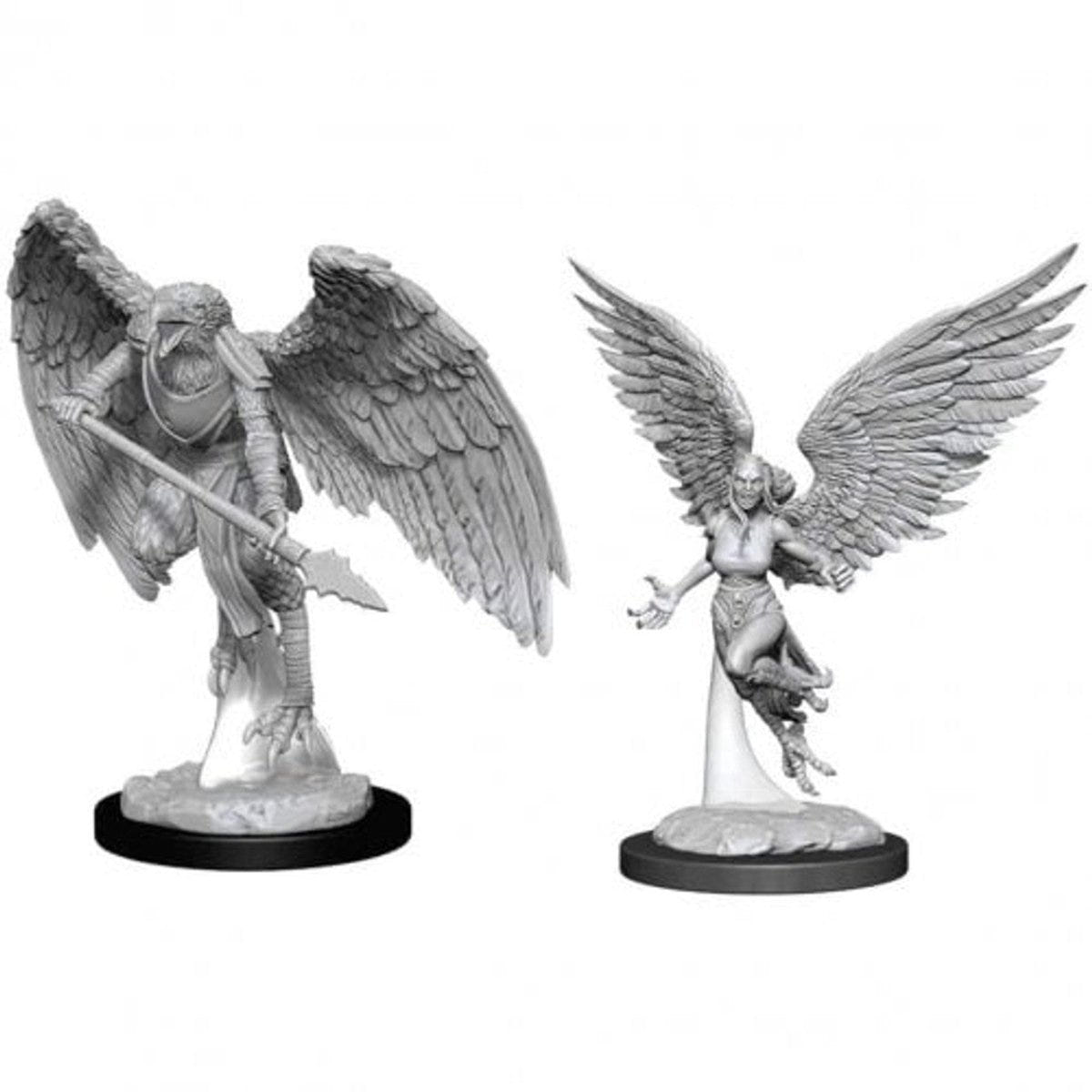 Unpainted Harpy and Aarakocra miniatures with spread wings, D&D Nolzur's Marvelous Miniatures