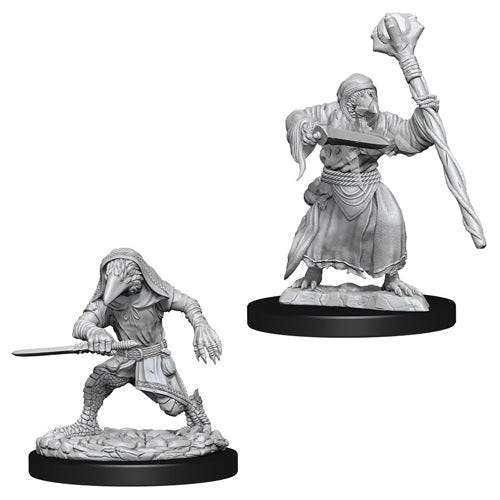 Two unpainted D&D Nolzur's Marvelous Miniatures Kenku Adventurers with sword and staff