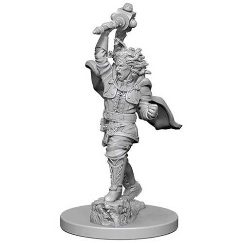 Unpainted D&D Nolzur's Medusa in a cloak with an arm raised, on a round base