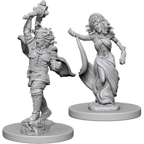 Two unpainted D&D Nolzur's Marvelous Miniatures Medusas, a cloaked figure and a robed serpent-haired woman
