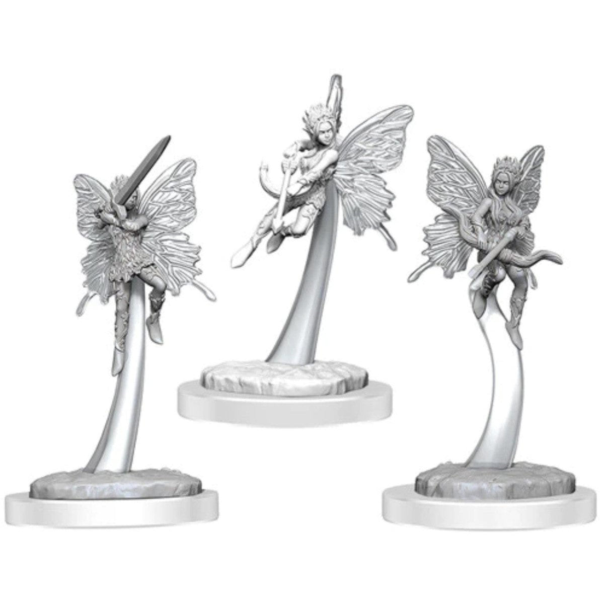 Three unpainted Pixie miniatures on flying stands, WizKids D&D Nolzur's Marvelous Miniatures