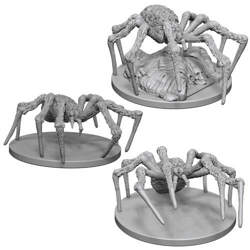 Three unpainted giant Spider miniatures on round bases, WizKids D&D Nolzur's Marvelous Miniatures