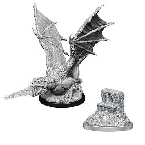 WizKids D&D Nolzur's Marvelous Miniatures White Dragon Wyrmling and frozen chest, unpainted