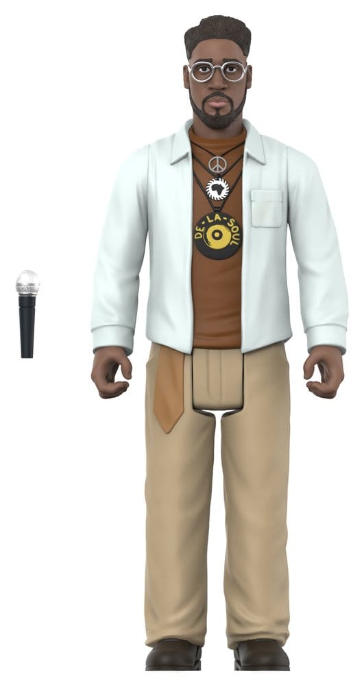 Posdnuos ReAction figure in white jacket, glasses and khaki trousers with microphone