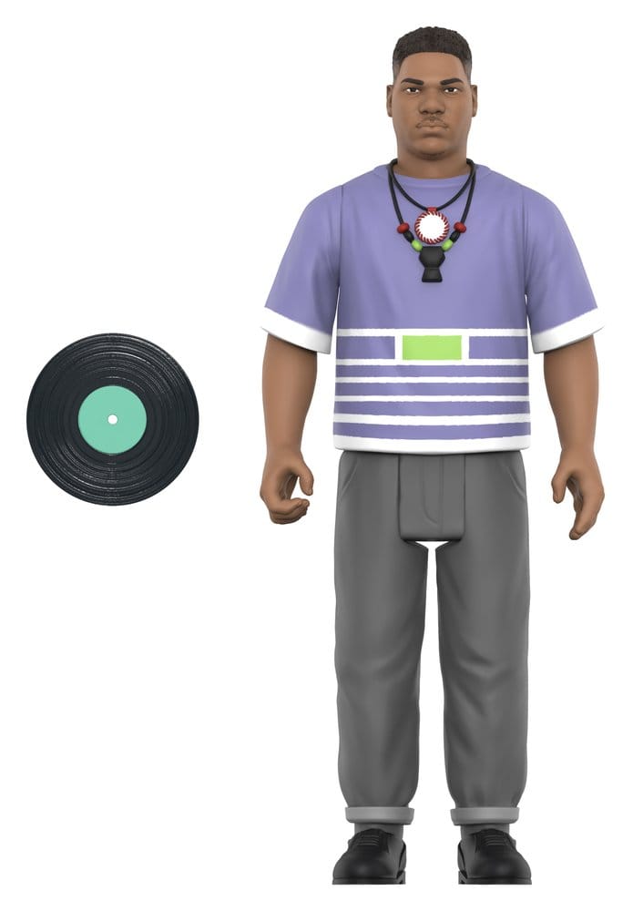 Maseo ReAction figure in purple striped T-shirt and grey trousers with vinyl record accessory
