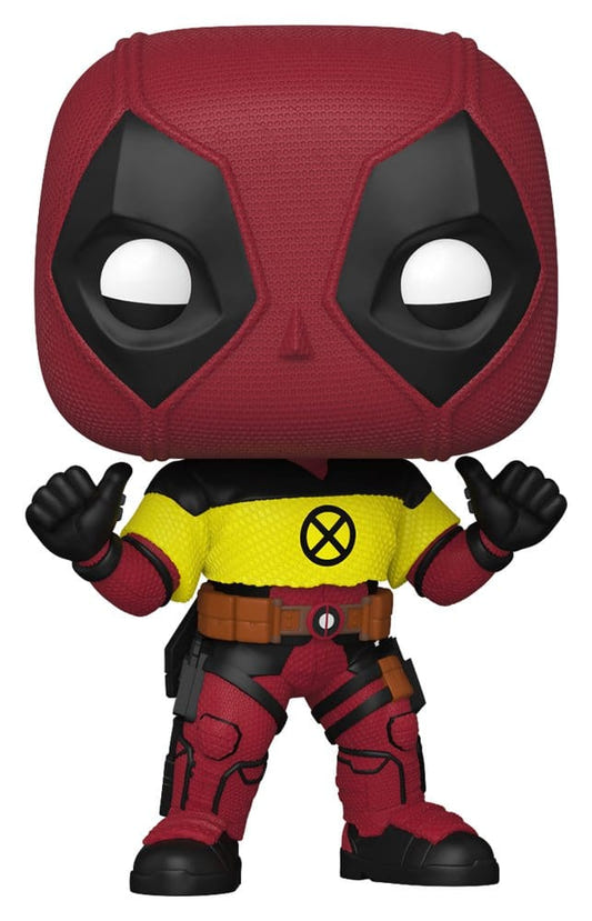 Funko Pop! Deadpool bobblehead in yellow X-Men trainee shirt giving two thumbs up