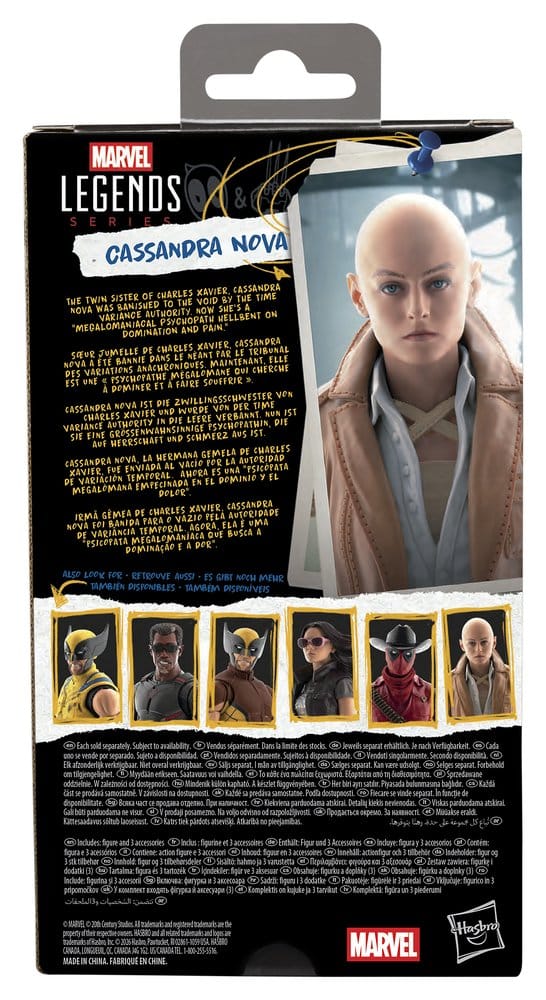 Back of the Cassandra Nova Marvel Legends Deadpool & Wolverine box with character artwork