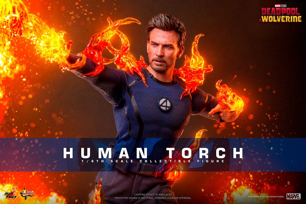 Hot Toys Human Torch figure banner in Fantastic Four suit throwing a fireball
