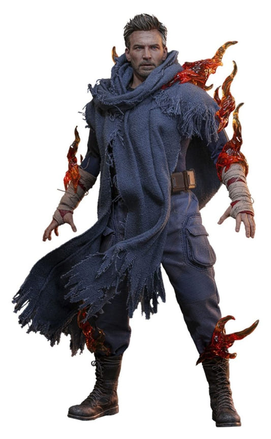 Hot Toys 1/6 Human Torch figure from Deadpool & Wolverine in battle-damaged cloak with flame effects