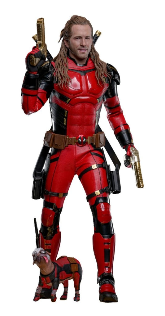 Hot Toys 1/6 Nicepool figure from Deadpool & Wolverine with gold pistols and Dogpool, front view
