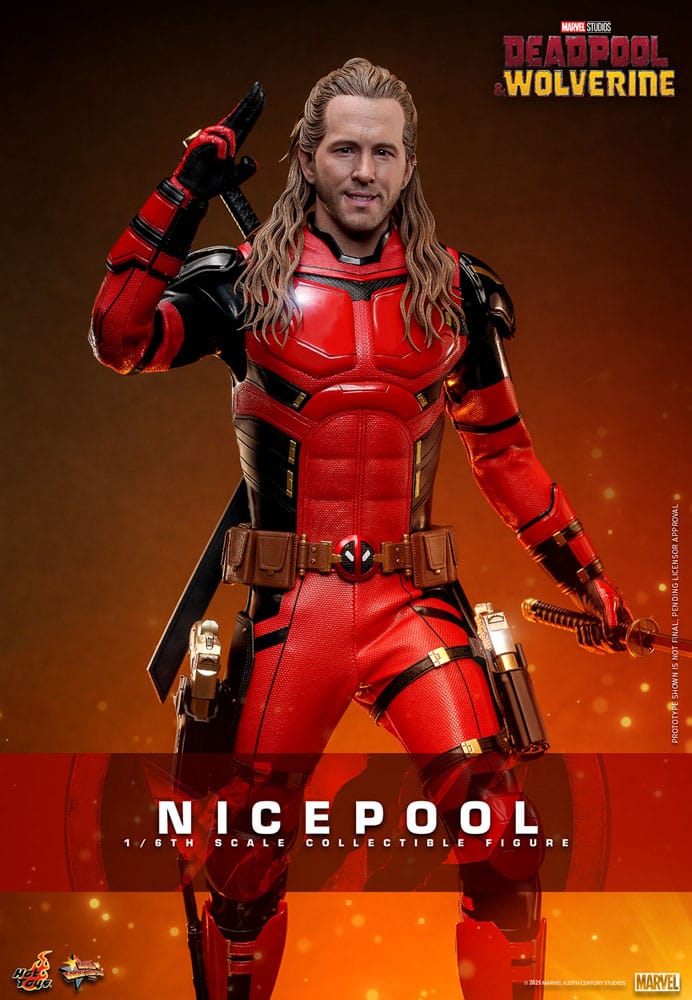 Hot Toys Nicepool figure banner in glossy red and black suit with long hair and gold pistol