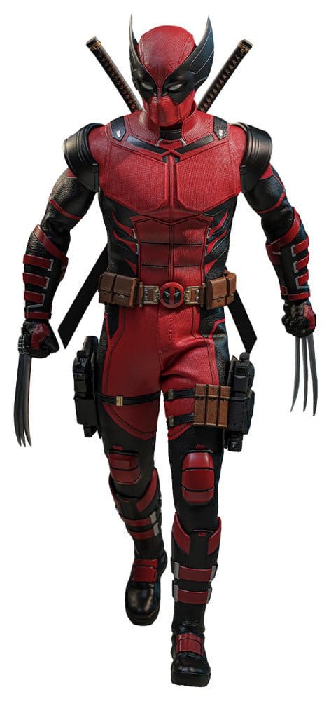Hot Toys Wolverinepool 1/6 figure in red and black suit with claws and back katanas, full-length