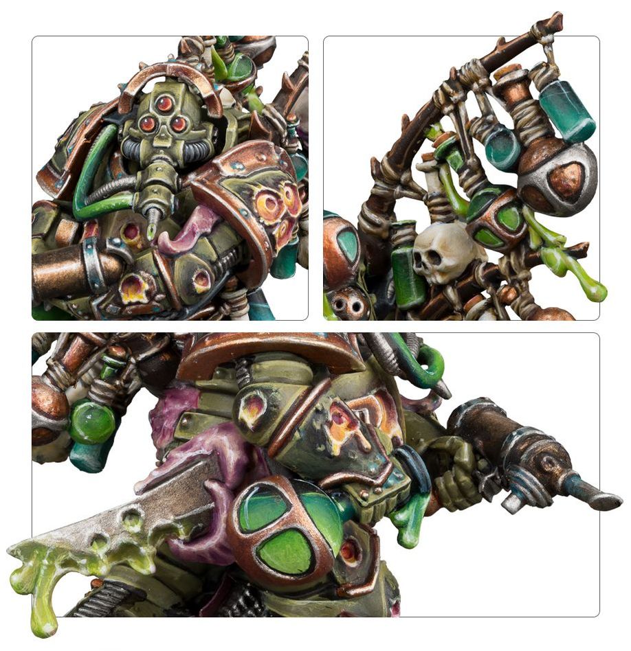 Close-ups of the Biologus Putrifier's helmet, grenade vials and tentacle-held plague knife