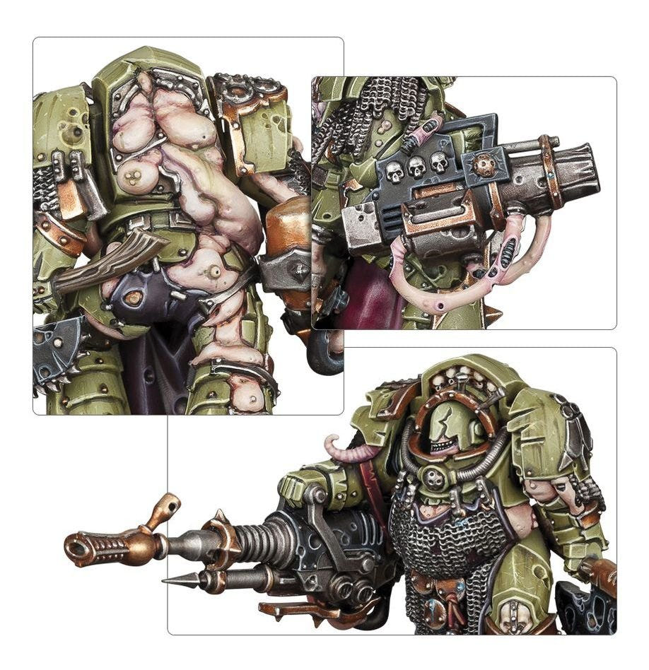 Close-ups of Blightlord Terminator mutated flesh, a combi-weapon and chainmail skirt