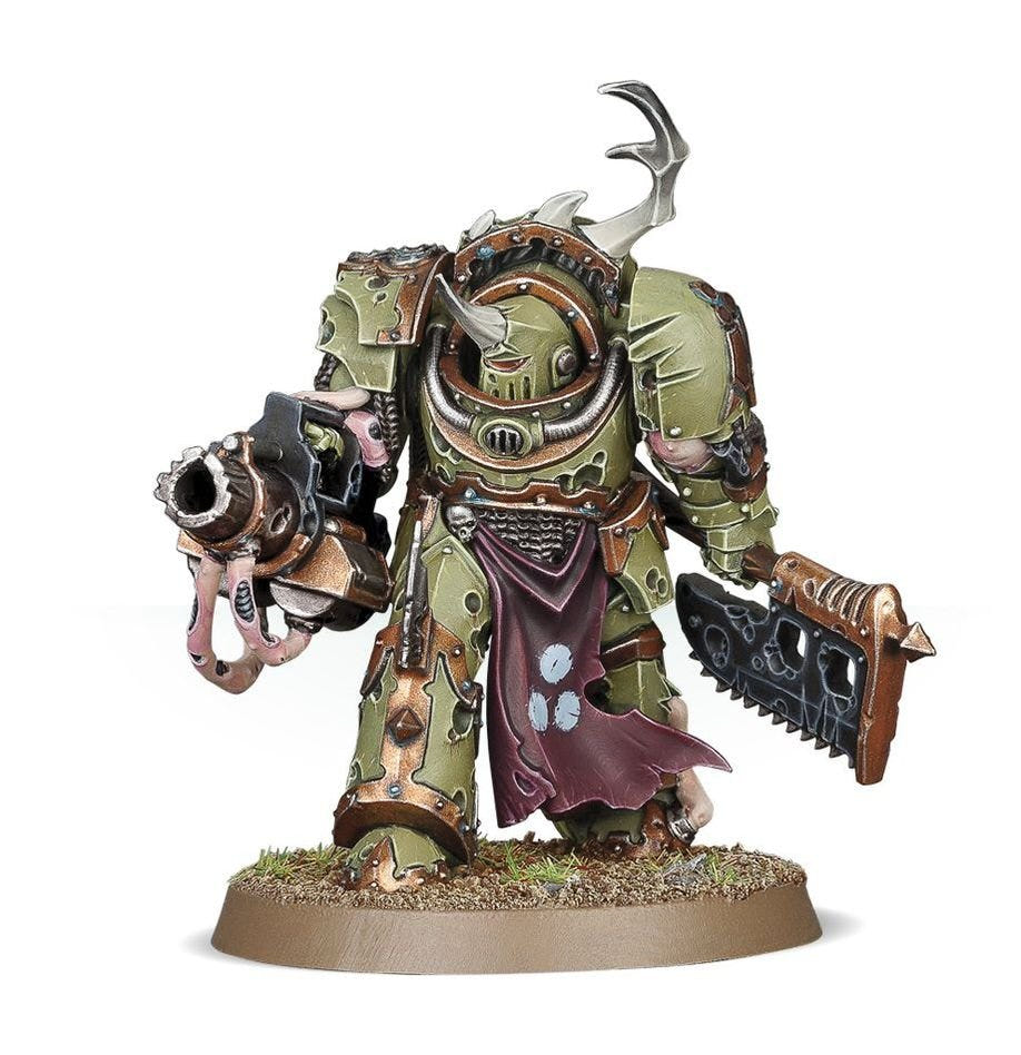 Painted Blightlord Terminator Champion with combi-bolter and bubotic chainblade, horned helmet