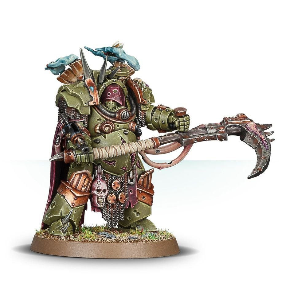 Painted Deathshroud Bodyguard in green plague armour holding a manreaper scythe across his body