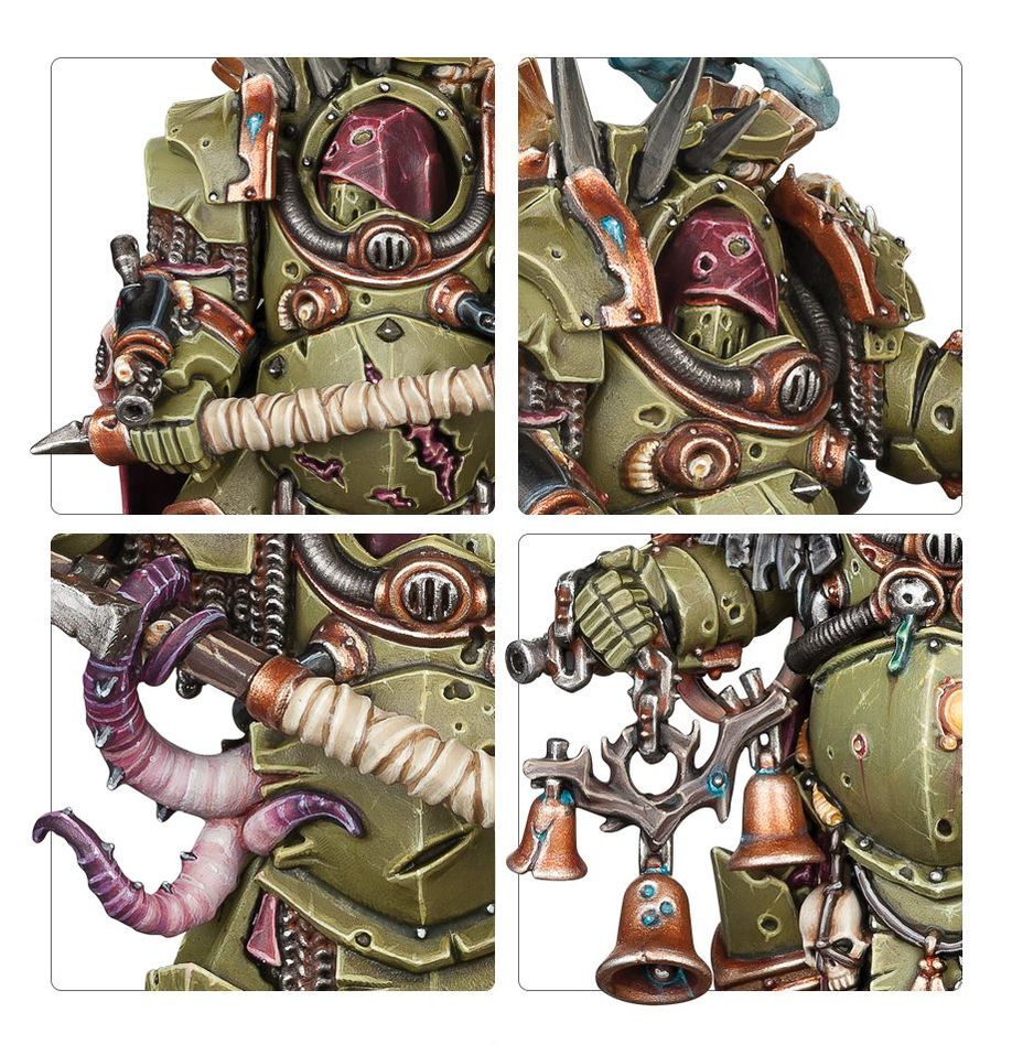 Close-ups of Deathshroud detail: rusted armour, bone-wrapped scythe haft, tentacles and bells